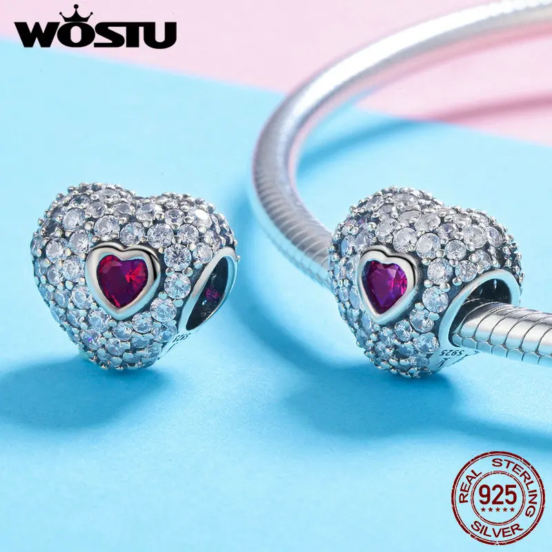 

WOSTU Hot Sale 100% 925 Sterling Silver Sparkling CZ Heart Shape Charm Beads Fit Original wst Bracelet Authentic Jewelry BKC795