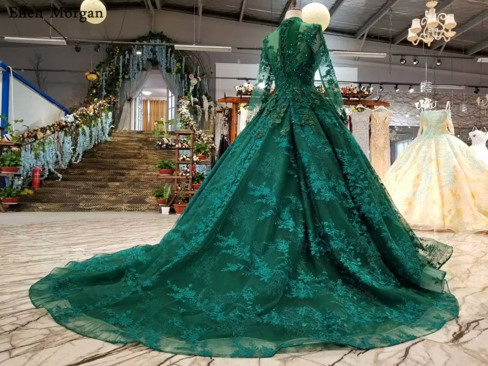 Зеленое винтажное свадебное платье с длинным рукавом и высоким воротником кружевное вышитое бисером разноцветное Элегантное свадебное платье
