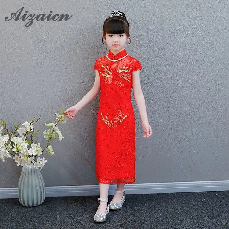 Flower Girl Cheongsam Red Lace Modern Chinese Traditional Wedding Dress ...