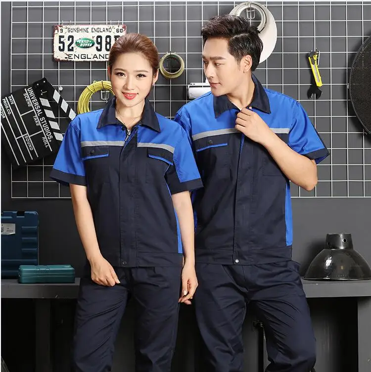 Reflective Uniform Men's Work Clothing Women Short Sleeve Coveralls Quick Dry Overalls for Worker Repairman Machine Auto Repair - Цвет: pic color