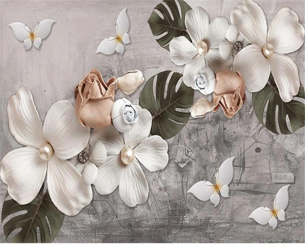 

Beibehang 3D Wallpaper Stereo Relief White Four Pearls Flowers Nordic Retro Living Room Bedroom TV Mural wallpaper for walls 3 d