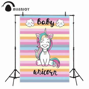 

Allenjoy kids background for photography cute unicorn baby clouds colorful stripe backdrop customize photo studio photocall