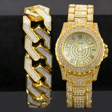 2 компл. Для мужчин хип хоп Iced Out Lab CZ Кристалл Bling часы блеск геометрический браслет ювелирные изделия подарок