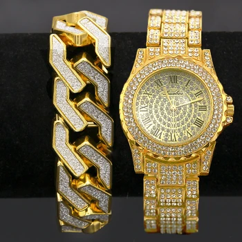 

2Set Men Hip Hop Iced Out Lab CZ Crystal Bling Watch Glitter Geometric Bracelet Jewelry Gift