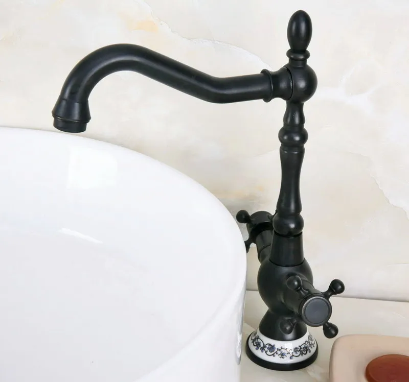 Oil Rubbed Bronze Dual Cross Handles Ceramic Base Bathroom Kitchen Basin Sink Faucet Mixer Tap Swivel Spout Deck Mounted mnf646