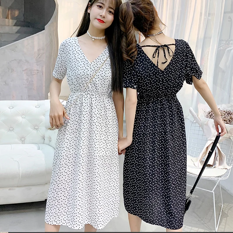 

Women chiffon dress 2019 spring summer fashion female elegant vintage short sleeve v-neck sexy casual lady boho a-line dresses
