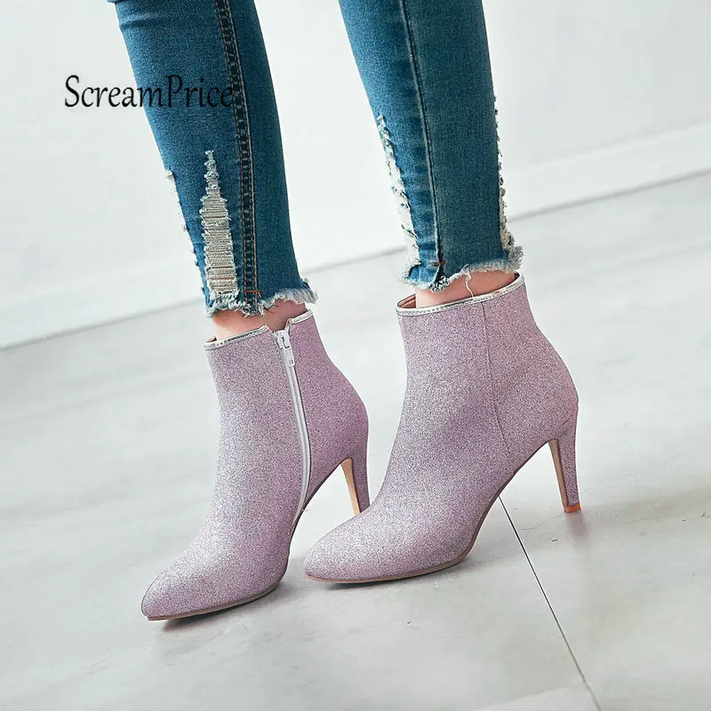 

Sexy Thin High Heel Ankle Boots Fashion Side Zipper Winter Woman Shoes Gold Black Silver Purple