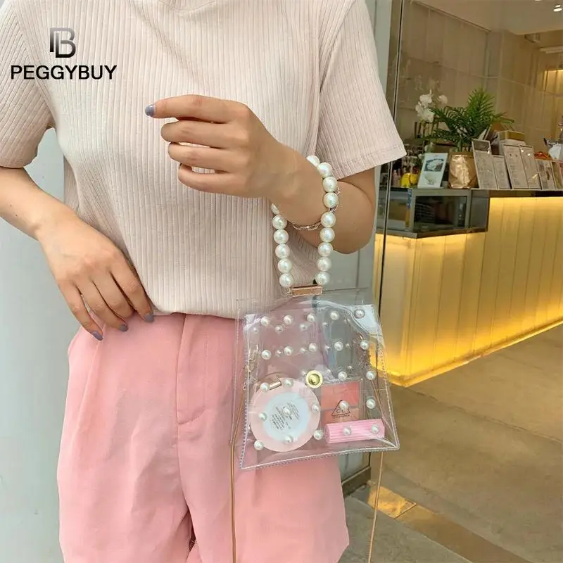 

Ladies Fashion Chain Pearls Clear Girls Shoulder Messenger Handbags PVC Transparent Women Casual Crossbody Top-handle Bags