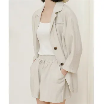 

HziriP Office Ladies 2019 Summer Thin Women Suit Solid OL Casual Blazers+ Wide Leg Shorts Elastic Waist Fresh Set 2 Piece Set