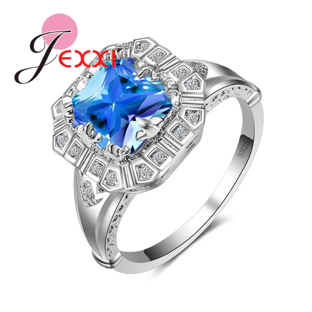 

JEXXI Hot Sale Vintage Rings For Women Party Jewelry Accessory Square Blue Cubic Zirconia 925 Sterling Silver Ring Bague Mujer