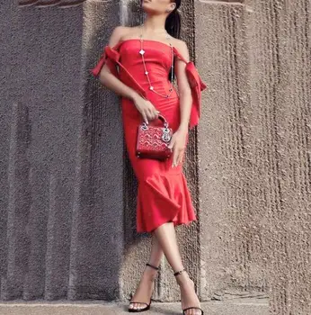

Top quality strap red sexy lace-up trumpet slash neck low bosom evening party lady pub bandage dress wholesale