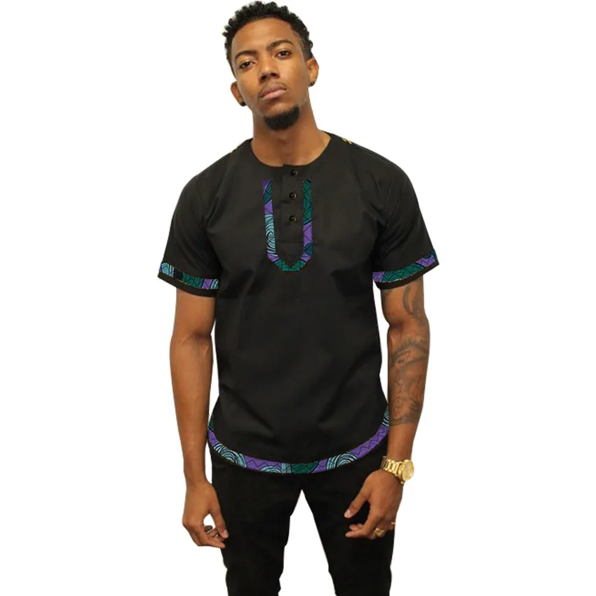 

Men's African shirts Ankara print short sleeve dashiki shirts black&wax patchwork summer tops custom made Africa clothing
