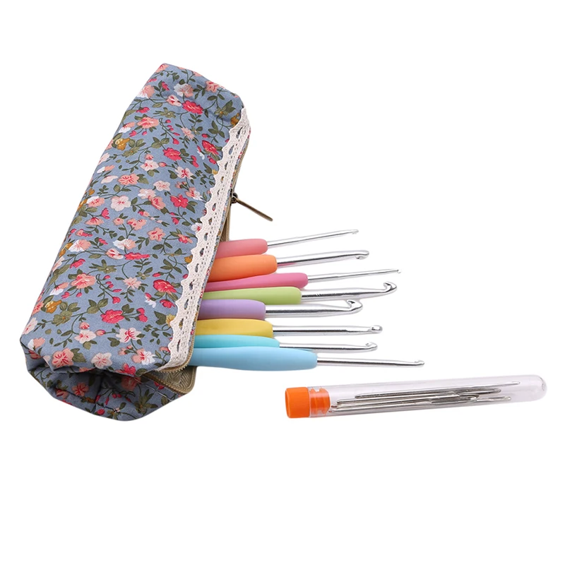 28 шт цветной пластиковый набор инструментов с рукояткой(8 металлических крючком+ 9 металлических шерстяных игл+ 10 маленьких пряжек+ 1 сумка для хранения