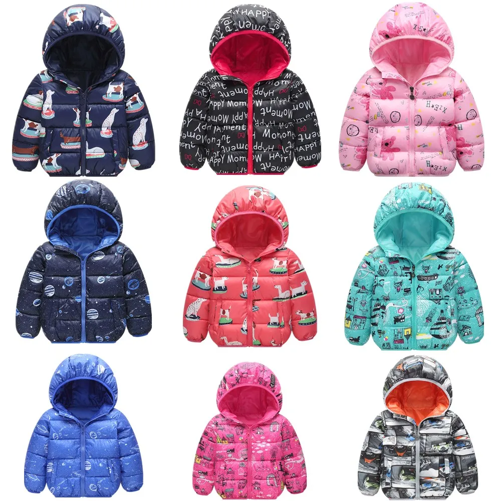 

Autumn Winter Children Cartoon Down Cotton-padded Jackets Baby Boys Hooded Jacket Baby Girls Short Camouflage Outerwear Coats