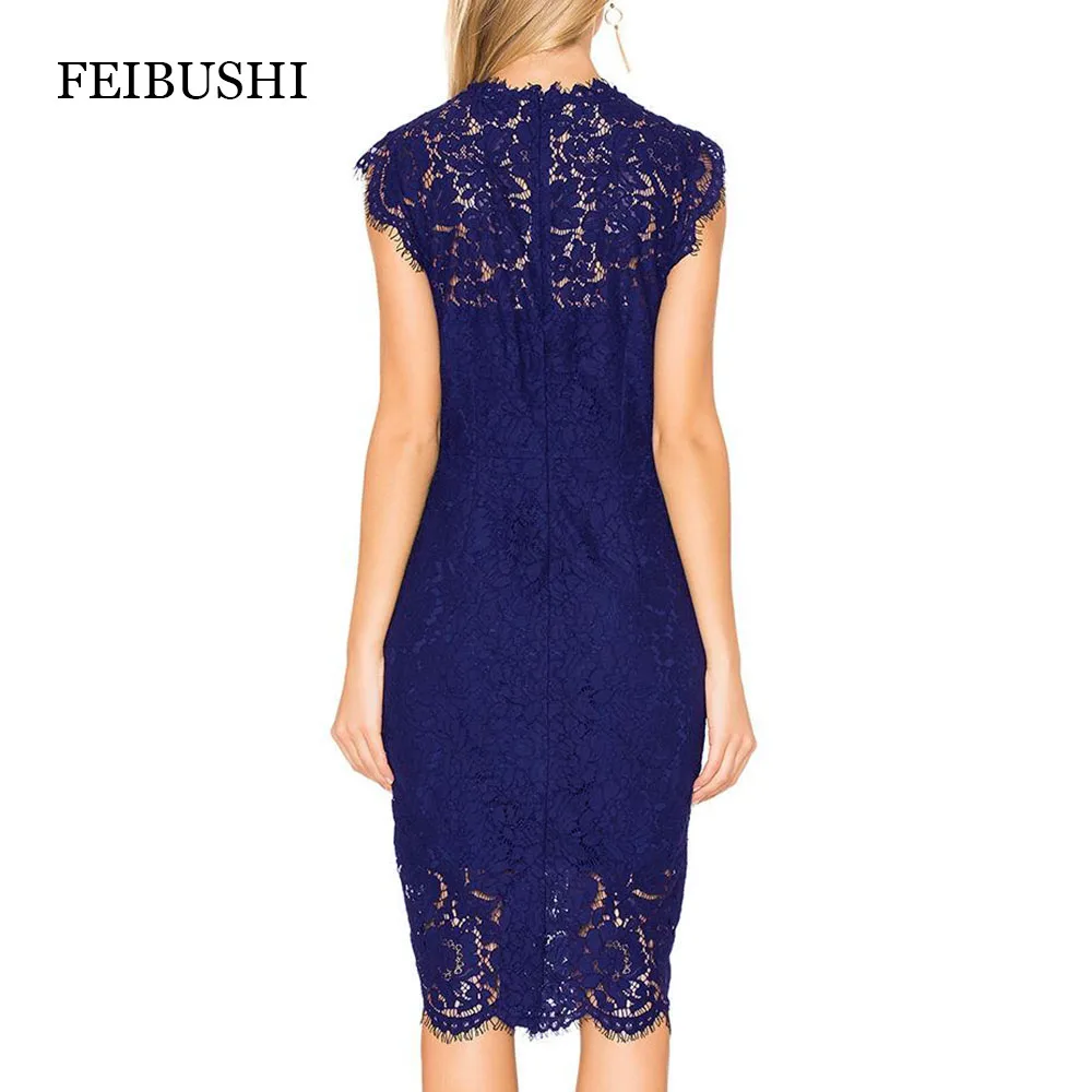 FEIBUSHI Elegant Wedding Party Lace dresses women Black Retro Tunic Slim Work Business Casual Party Bodycon Pencil Dress
