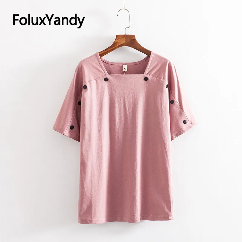 

Square Collar Casual T-shirt Women Summer Tops Plus Size XXXL 4XL Buttons Loose Short Sleeve Tops KKFY3541
