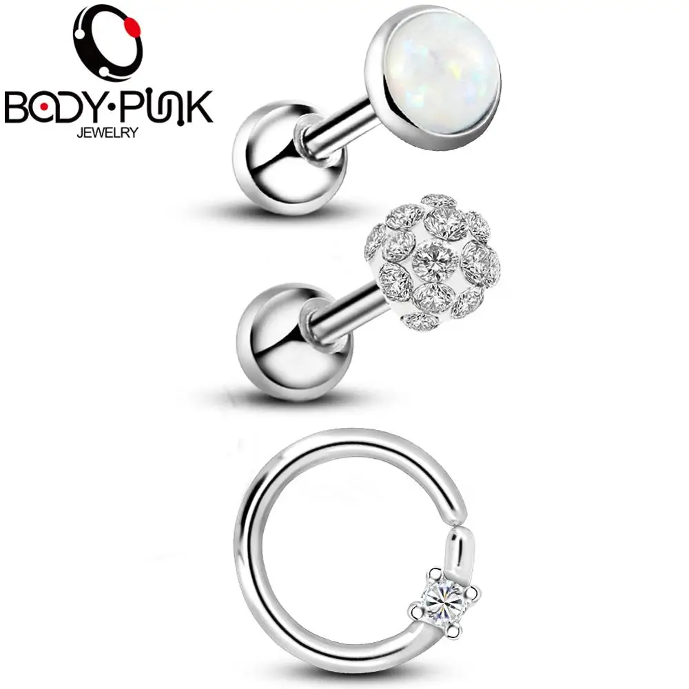 

Body Punk Opal Cartilage Earrings 16G 3PCS Tragus Piercing Cubic Zirconia Daith Earrings Hoop Helix Earrings Studs Nose Women