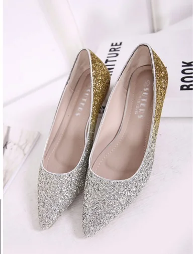 Ladies Sequined Cloth Flats For Wedding Party Pointed Toe Mujer Cover Heel Slip-ons Bling Shoes Plus Size 45 13 34 Gold Silver