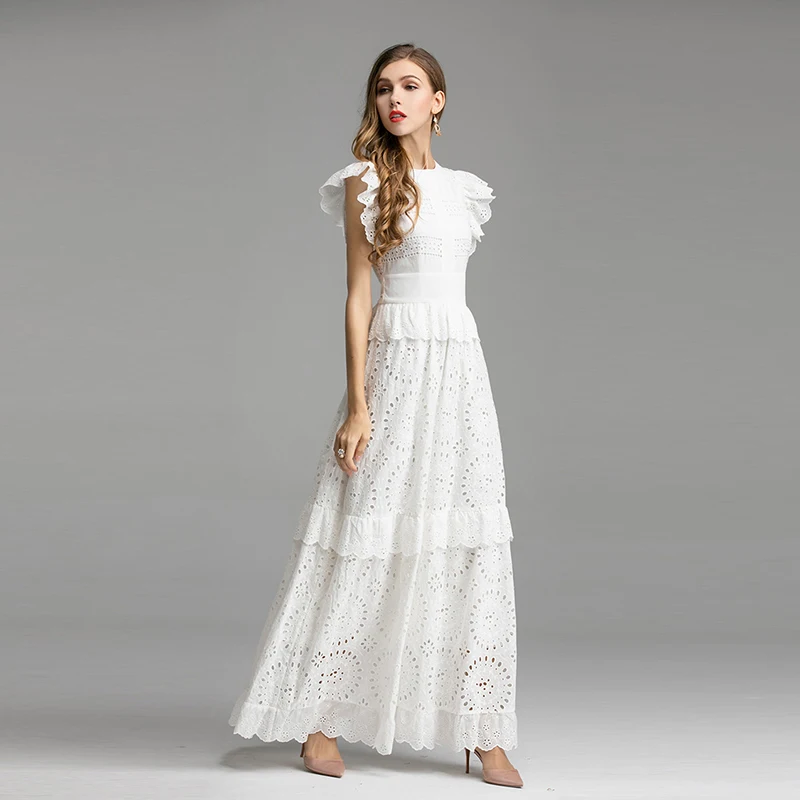 

HIGH QUALITY Newest Fashion 2019 Designer Runway Maxi Dress Women's Butterfly Sleeve Cutting Out Cotton Lace Long Dress