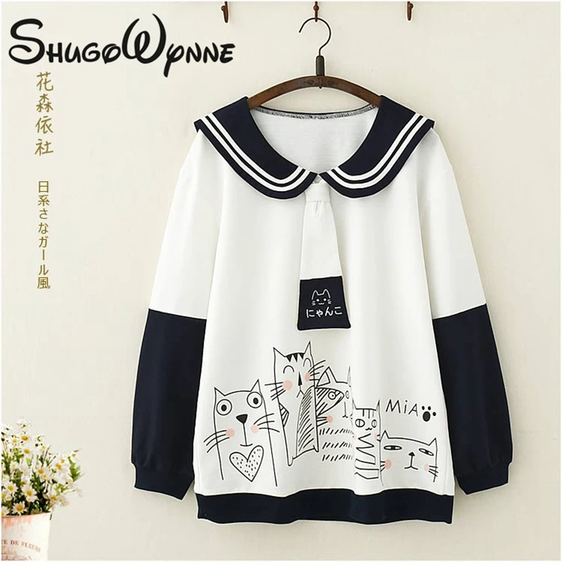 

Mori Girl Hoodies 2019 Spring Women Preppy Style Kawaii Sailor Collar Cartoon Cat Print Loose Long Sleeve Pullover Sweatshirt