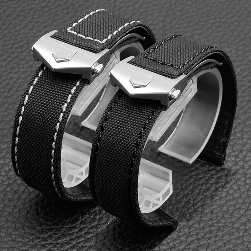 Ремешок для часов PEIYI, 20 мм, нейлоновый кожаный браслет, черный, красный, сменный нейлоновый ремешок, раскладной, с цветной пряжкой, Прошитый браслет