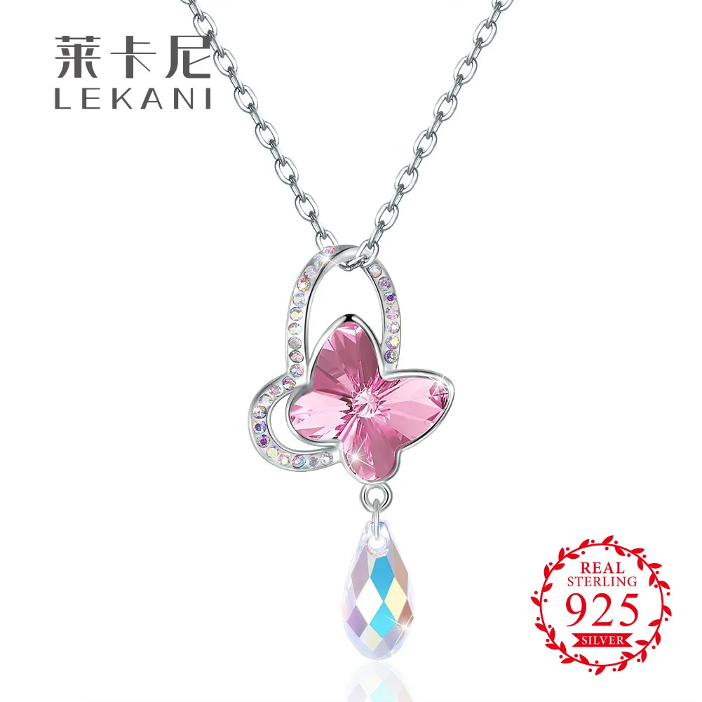 LEKANI Кристалл от Swarovski Crystal Бабочка капли воды Подвески 925 Серебряное ожерелье для