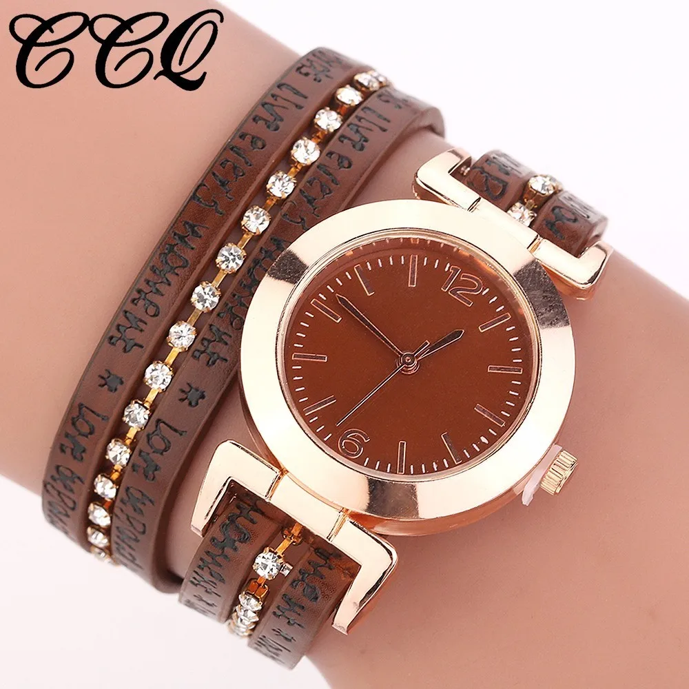 CCQ Модные женские золотые Кожаный браслет с цепочкой модные женские часы аналоговые кварцевые часы Relogio Feminino Прямая - Цвет: brown