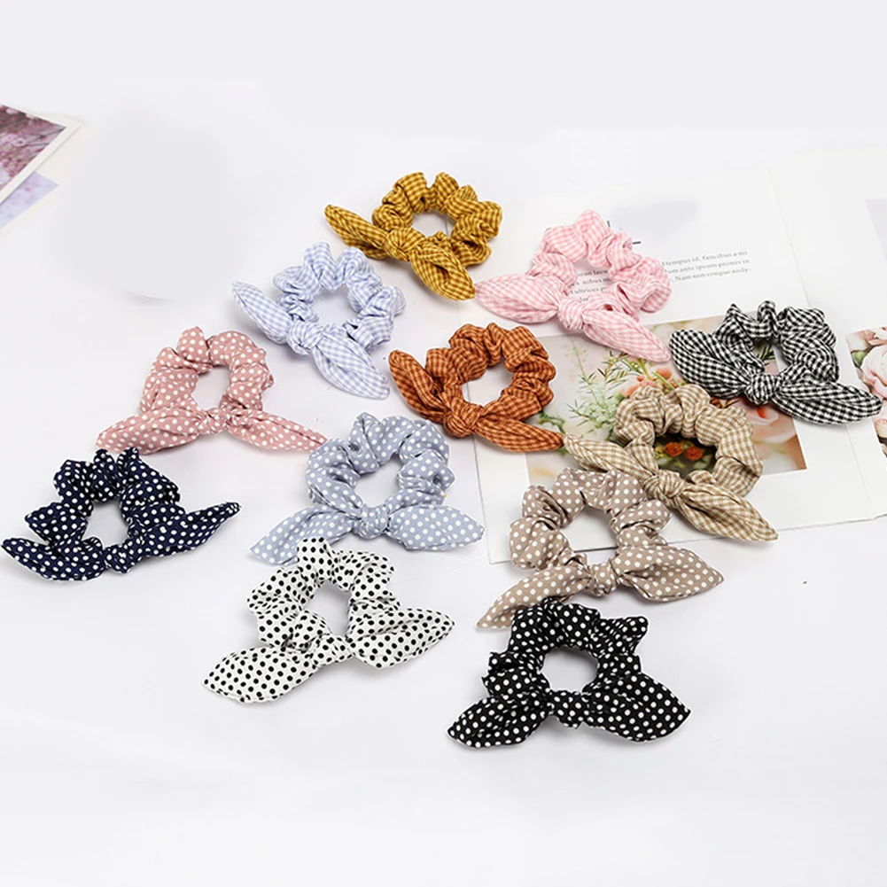 

plaid dot Women Bunny Ear Hair Scrunchie Knot Bow scrunchy Bows Rabbit Ear Elastic Ponytail Holder Bands hair accessories