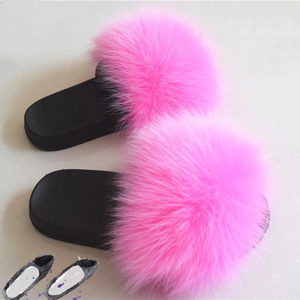 

Women's Slippers Shoes One-line type Fox Hair Slippers Women Fur Home Fluffy Plush Furry Summer 1-3 cm Flats Sweet Ladies Shoes