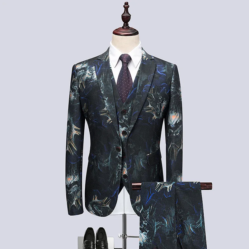 Для мужчин костюмы модные горячих Для мужчин печатных повседневный комплект костюм из трех предметов (куртка + штаны + жилет) Для мужчин