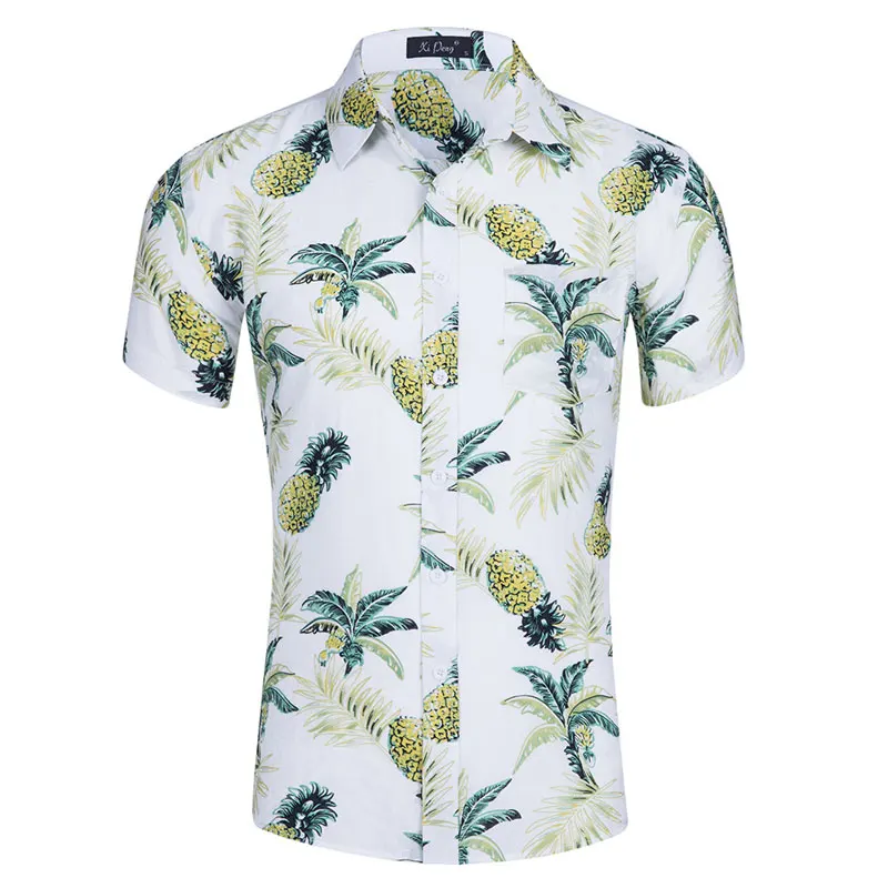 Мужская Стильная гавайская рубашка с принтом ананаса, брендовая Повседневная облегающая пляжная рубашка, мужские летние облегающие вечерние рубашки Aloha Xxl