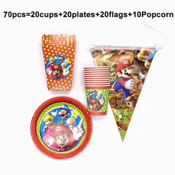 

70pcs Mario Bros Birthday Party Disposable Tableware Sets Disposable Tableware Box Popcorn Disposable Paper Plate Cup Supplies