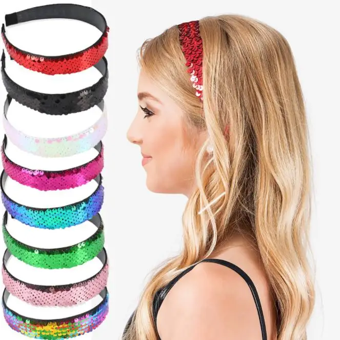 

Free shipping 8pcs Reversible Sequin hard Headband For Women Ladies Girls Rainbow Bling Hard Hairband Hair Hoop Glitter Hair