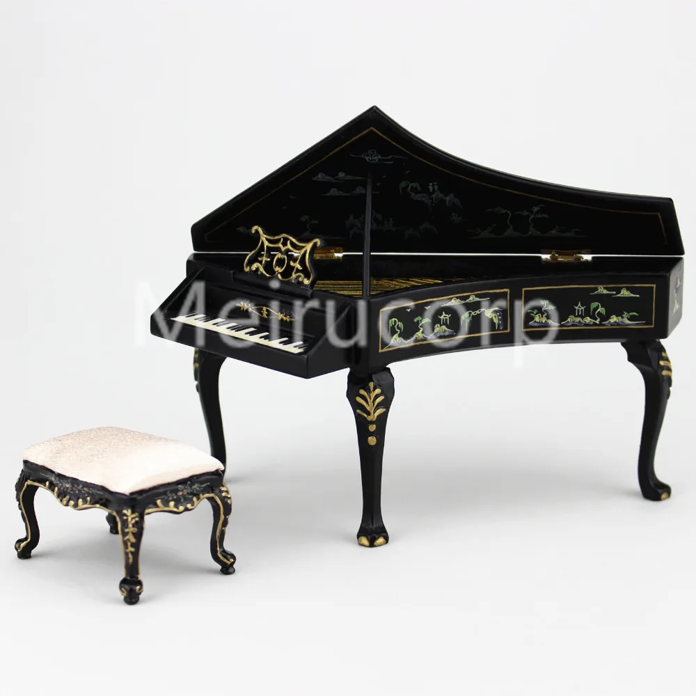 

Dollhouse 1/12th miniature Musical Instruments Black Hand painted piano & Stool