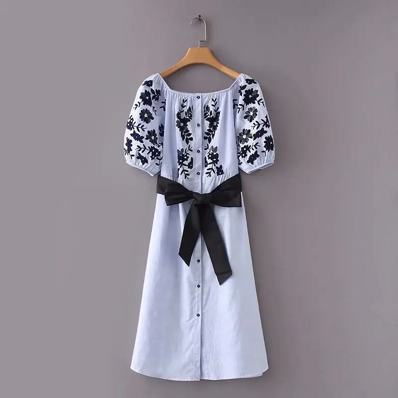 

A-Line Pregnancy Dresses Contrast Color Belt Elastic neckline Maternity Clothings Sequins Embroidery Flowers