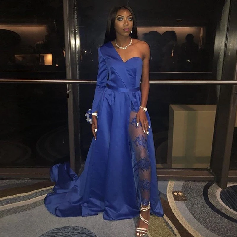 

Designer One Shoulder A Line Blue Prom Dresses with Pants High Side Split Satin Evening Party Gowns Illusion Trousers Prom Dress