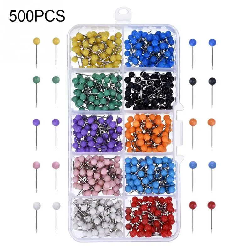 

500PCS/Box Colorful Push Pins for Map Multi-color Round Head Map Tacks for Corkboard Bulletin Board and Fabric Making