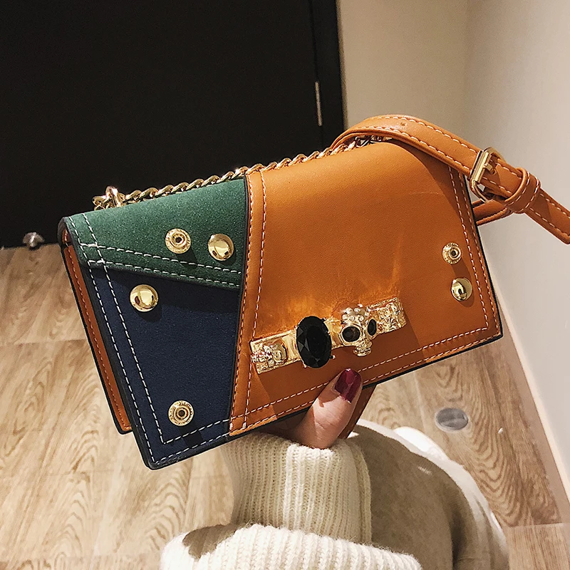 

Fashion Skull Panelled Crossbody Bags for Women Small Flap Wallet Bag Chain Shoulder Ladies Bags Rivet PU