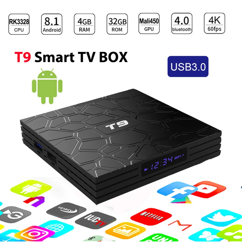 

T9 Smart Android 9.0 TV BOX 4GB 32GB RK3328 Quad Core Bluetooth4.0 USB 3.0 H.265 4K*2K 2.4GHz WIFI IPTV Set-top box Media Player
