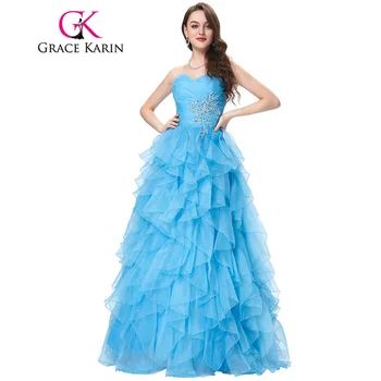 Red Blue Quinceanera Dress 2017 Grace Karin Strapless Formal Vestidos Long Ball Gown Organza Prom Dresses for Sweet 16 Years