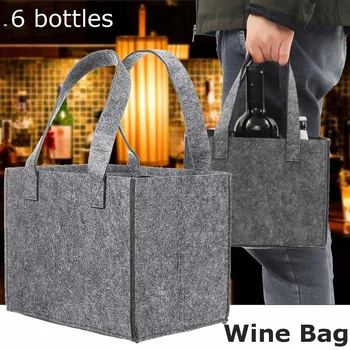Reusable Fashion Felt Bag Wine Holder Beer Bottle Shopping Tote Bag Bottle Carrier with 6 Bottles Divider Washable Grey 2