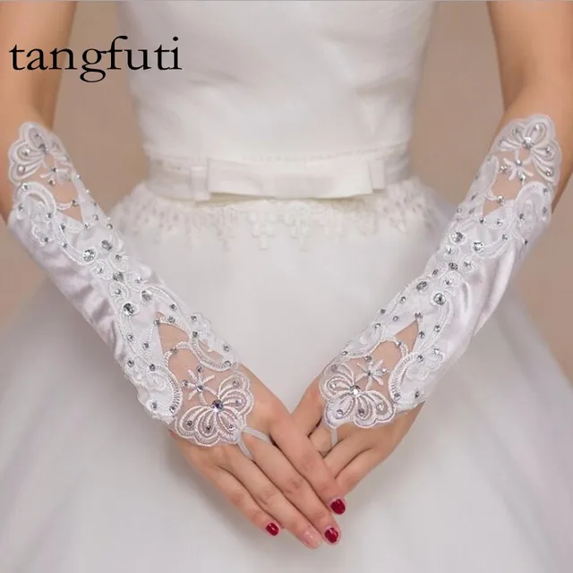 Beaded Long White Or Ivory Red Fingerless Satin Wedding Beaded Long White Or Ivory Red Fingerless Satin Wedding Gloves Bridal For Bride
