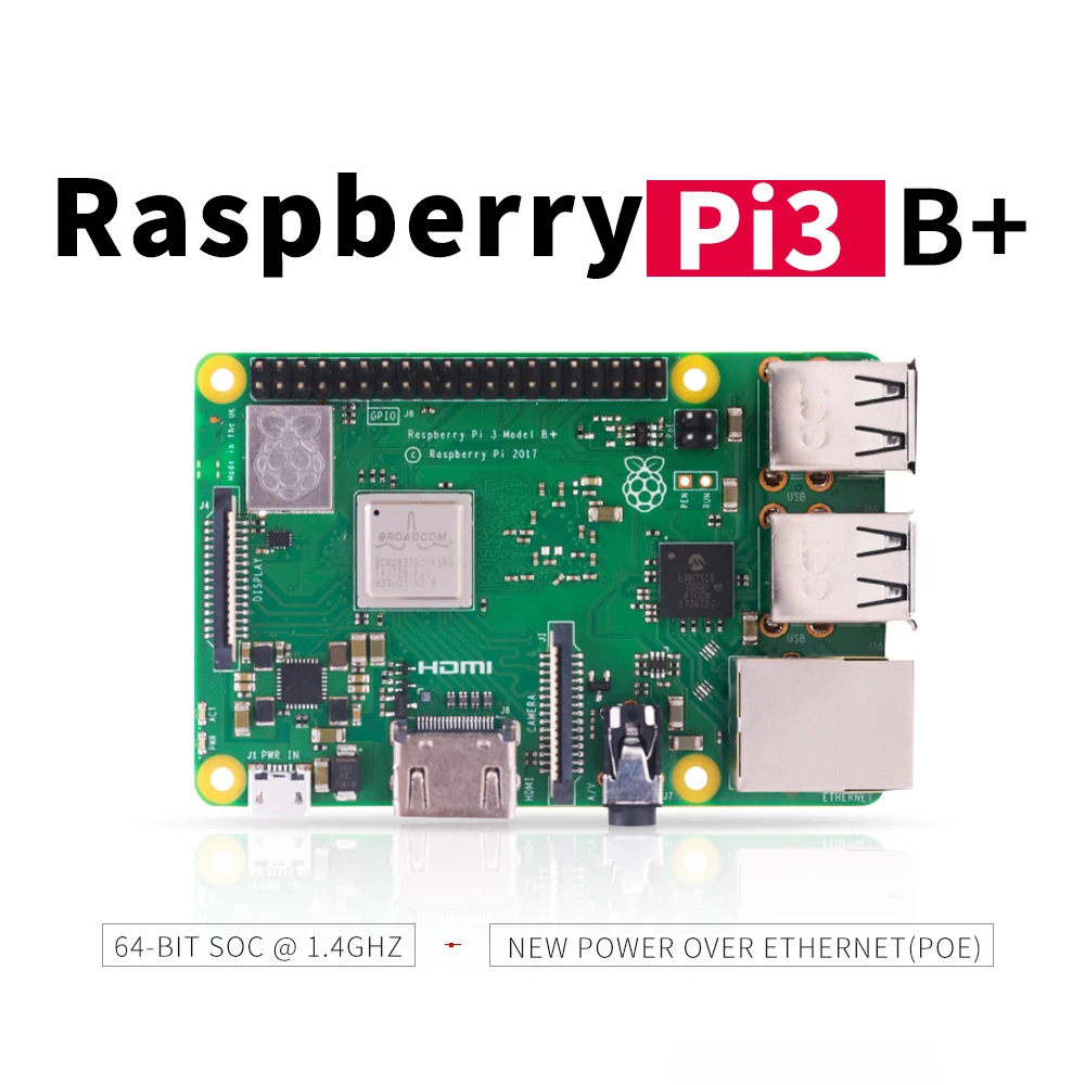 Raspberry Pi 3 Model B+(плюс) Встроенный Broadcom 1,4 ГГц quad-core 64-разрядный процессор Wi-Fi, Bluetooth и USB Порты и разъёмы