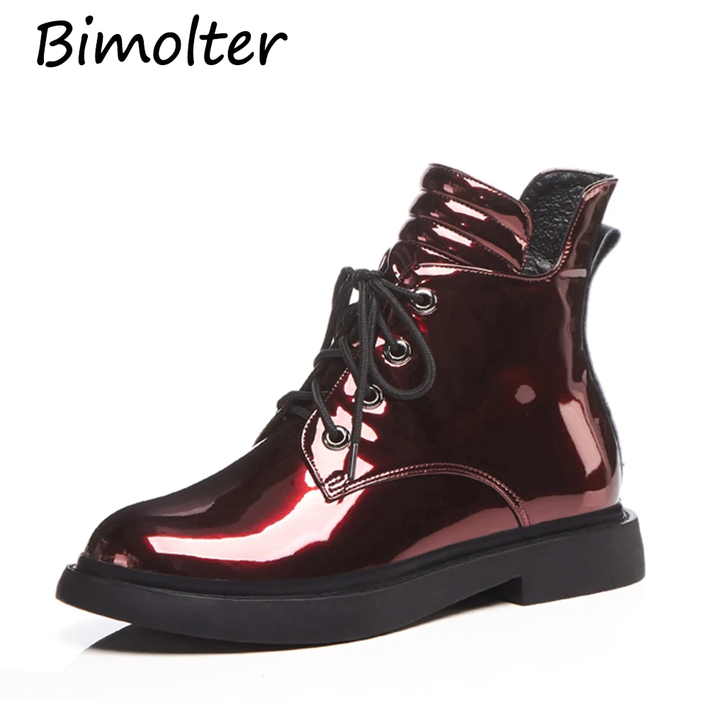 

Bimolter New Fashion Genuine Leather Flat Shoes Woman Bling Patent Leather Platform Ankle Boots Casual Cool Martin Boots LAEA028