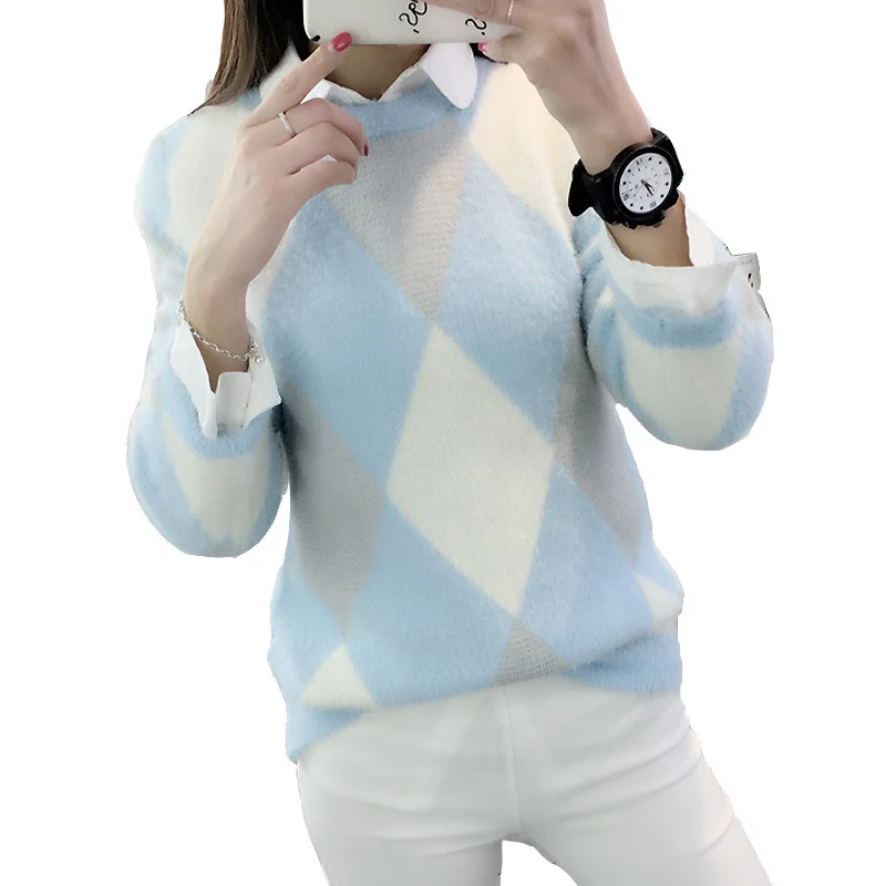 2016 autumn and winter female Ma Maomao round neck diamond-shaped lattice students hedging primer sweater