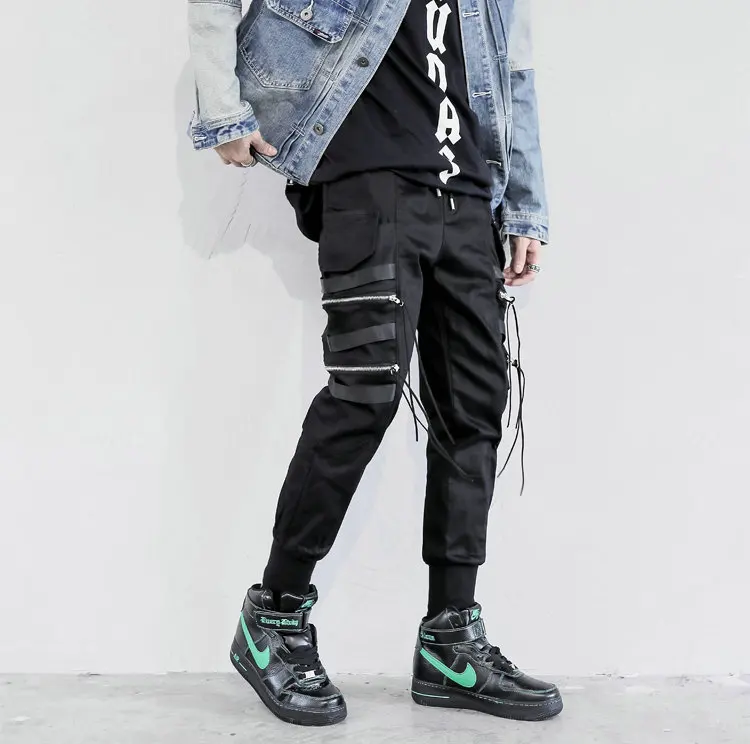 Мужские черные брюки для бега в стиле хип-хоп с карманами на молнии, уличная одежда, мужские штаны-шаровары, повседневные узкие брюки длиной до щиколотки, мужские S-3XL