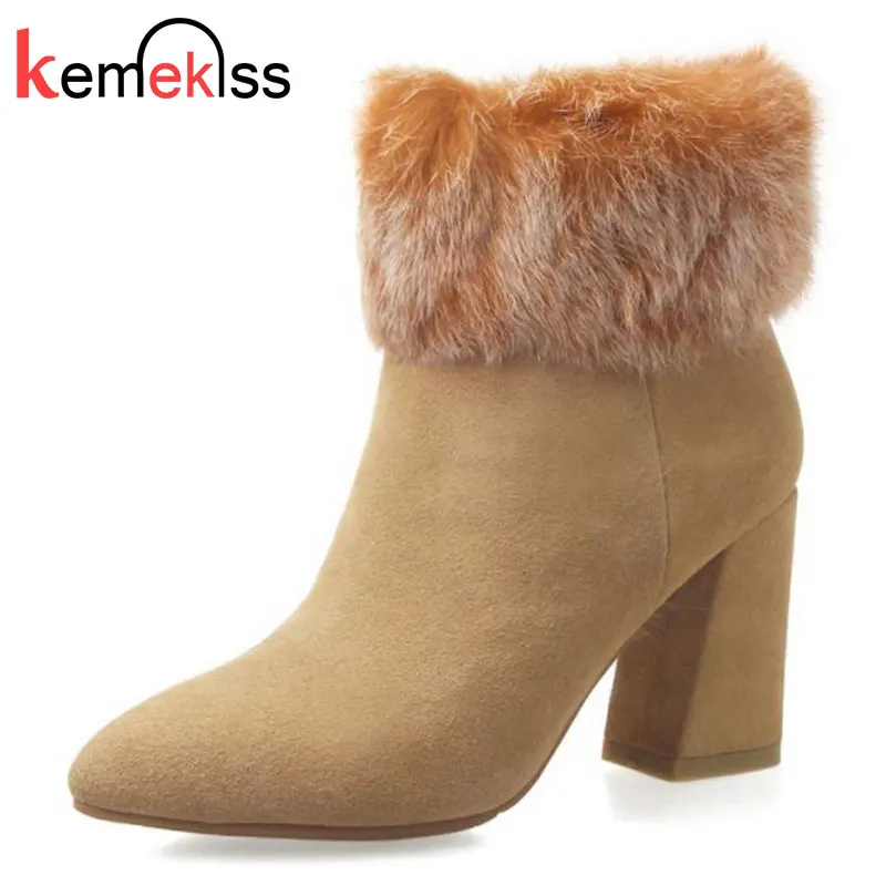 KemeKiss Women Genuine Leather High Heel Boots Warm Fur Shoes Cold ...