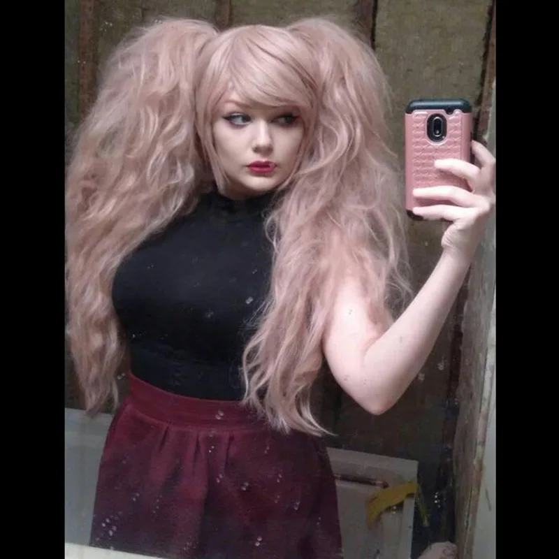 ANOGOL Anime Junko Enoshima Dangan Ronpa Light Pink Long Wavy  Synthetic Cosplay Wigs Ponytails Black White Bear Clips Costume
