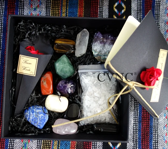 

CVNC 7 Pcs Irregular Engraved Traditional Chakra Pattern Stone Crystal Reiki Healing Hand Play Stone Gift box version