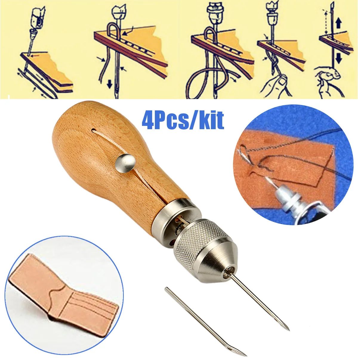 

DIY Carving Wax Line Wooden Handle Sewing Awl Stitcher Leather Canvas Tent Sewing Needle Craft DIY hand-stitched Leather Tools